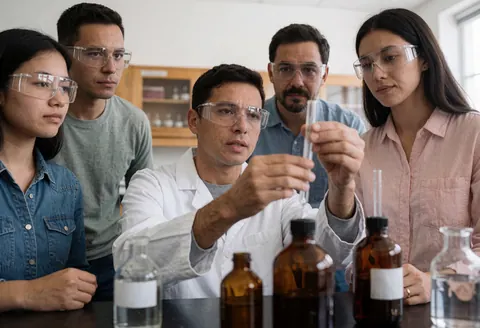 Un enseignant en blouse blanche présente un échantillon chimique à des étudiants dans un laboratoire équipé de matériel scientifique.