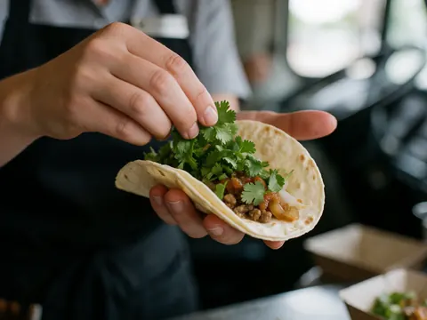 Une main dépose de la coriandre fraîche sur un taco à la viande et sauce, mettant en valeur les ingrédients.