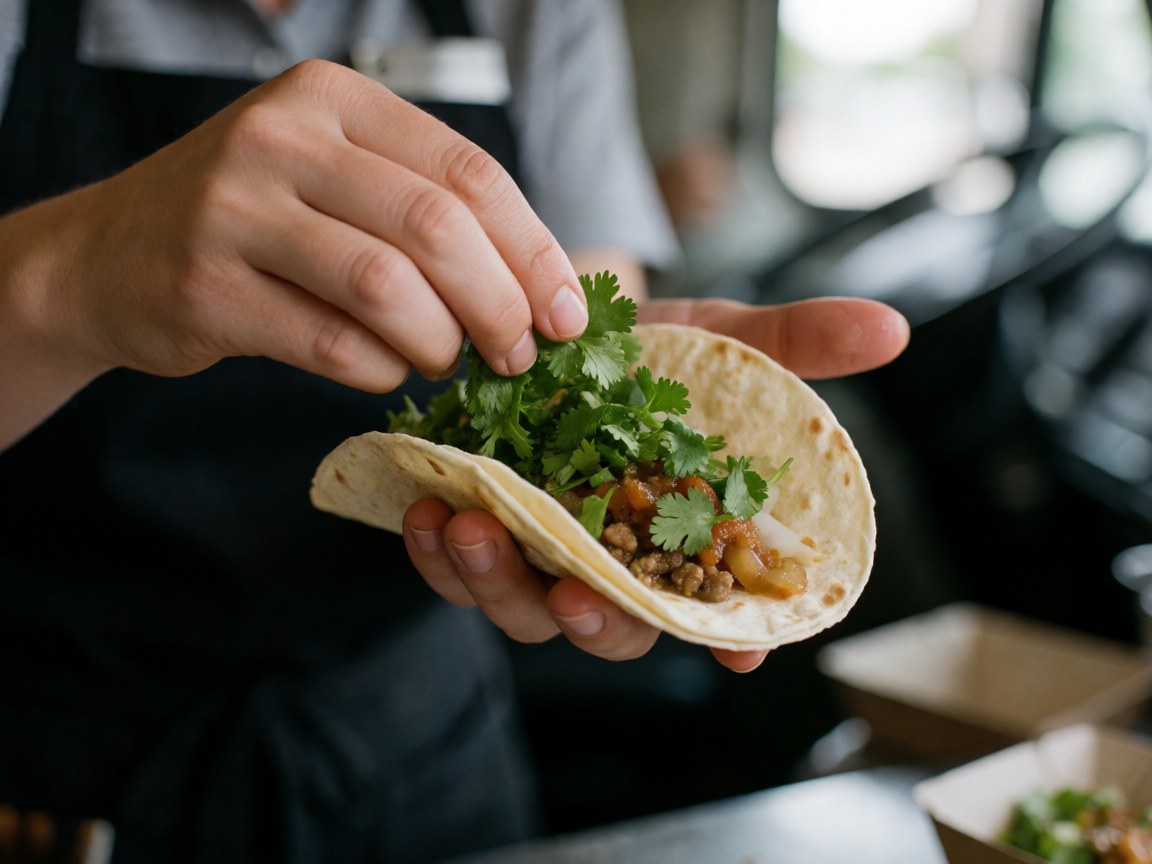 Une main dépose de la coriandre fraîche sur un taco à la viande et sauce, mettant en valeur les ingrédients.
