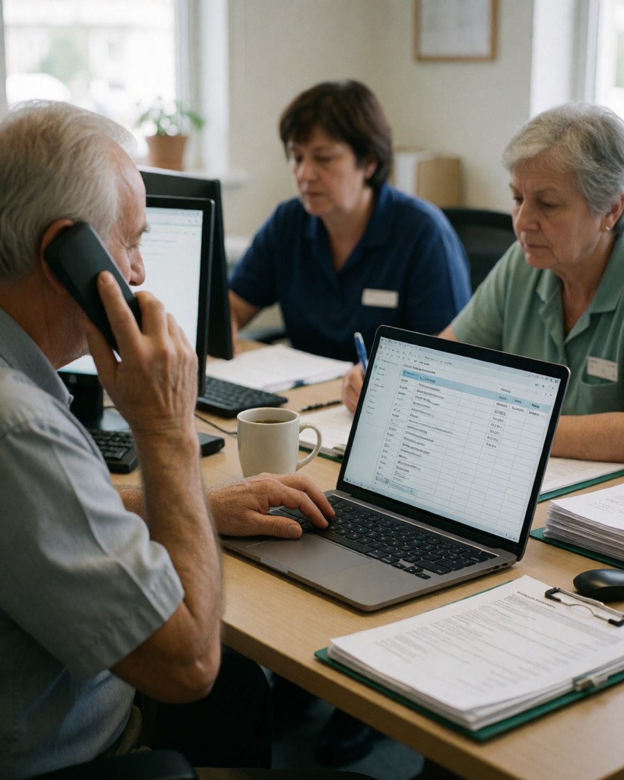 Trois agents de nettoyage en réunion professionnelle au bureau, discutant autour de documents et d'un ordinateur portable.