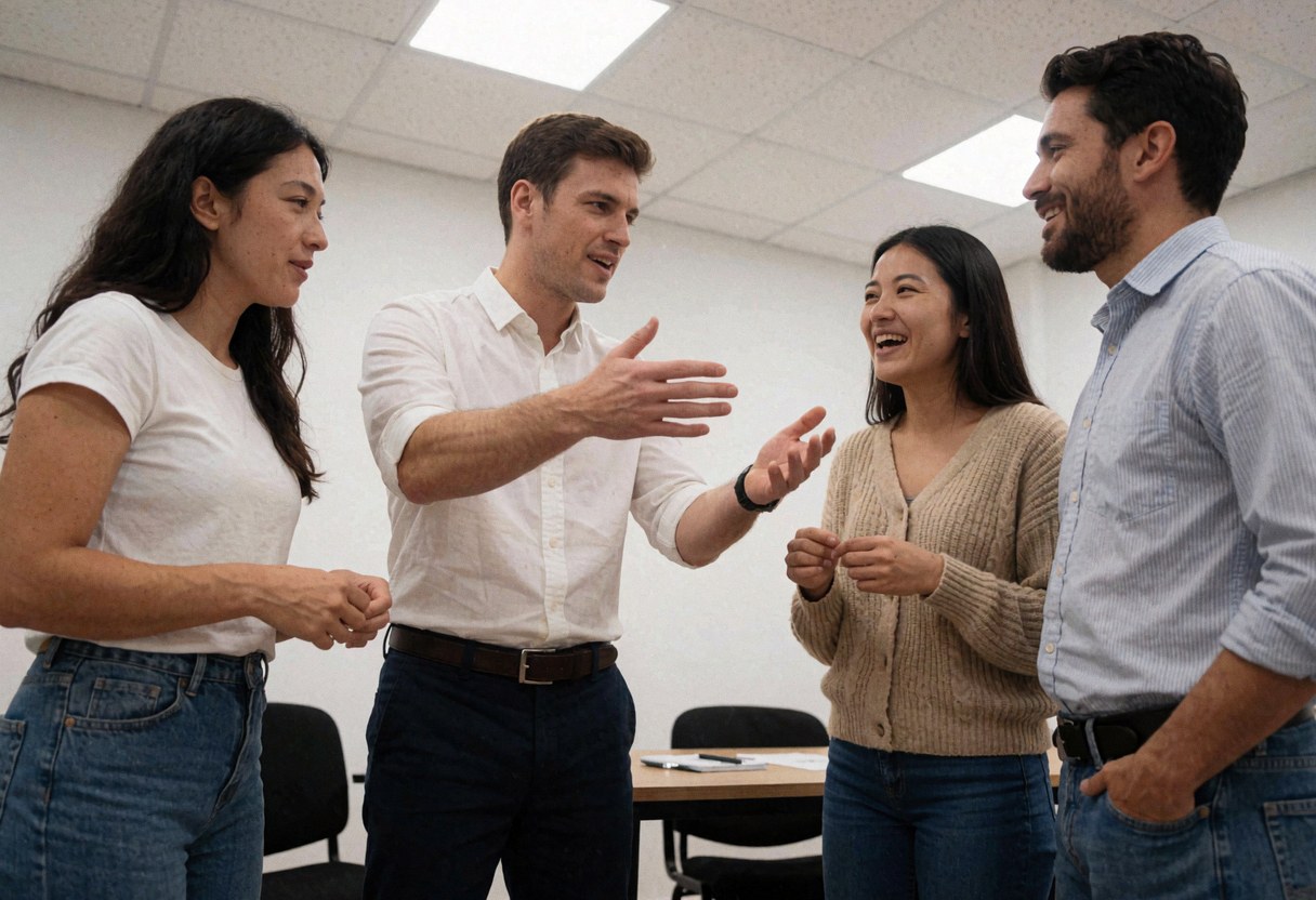 Un instructeur discutant avec des étudiants lors d'un cours de langues dans une salle moderne.