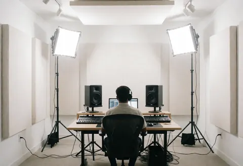 Un homme portant des écouteurs travaille à un bureau équipé d'un ordinateur, d'un clavier et de moniteurs dans un studio avec panneaux acoustiques et éclairage professionnel.