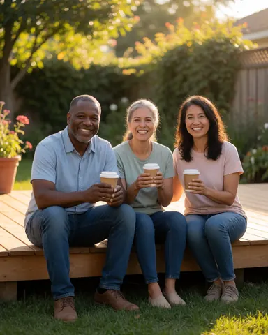 Des adultes profitent d'un moment de détente au café en extérieur sur une terrasse en bois.