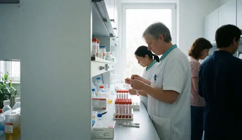 Trois personnes manipulant des éprouvettes et des réactifs sur une table de travail en laboratoire.