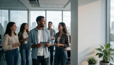 Groupe d'entrepreneurs discutant et consultant une tablette dans un bureau lumineux et spacieux avec vue sur la ville.