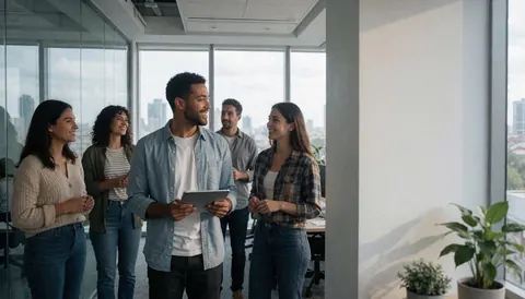 Groupe d'entrepreneurs discutant et consultant une tablette dans un bureau lumineux et spacieux avec vue sur la ville.
