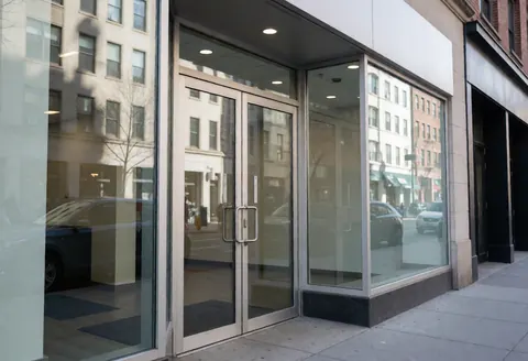 Entrée moderne de bureau avec portes en verre et grandes fenêtres reflétant la rue environnante, montrant une architecture contemporaine.