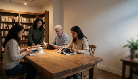 Quatre personnes de différents âges lisant des livres et magazines sur une table en bois au sein d'une librairie avec des étagères en arrière-plan.