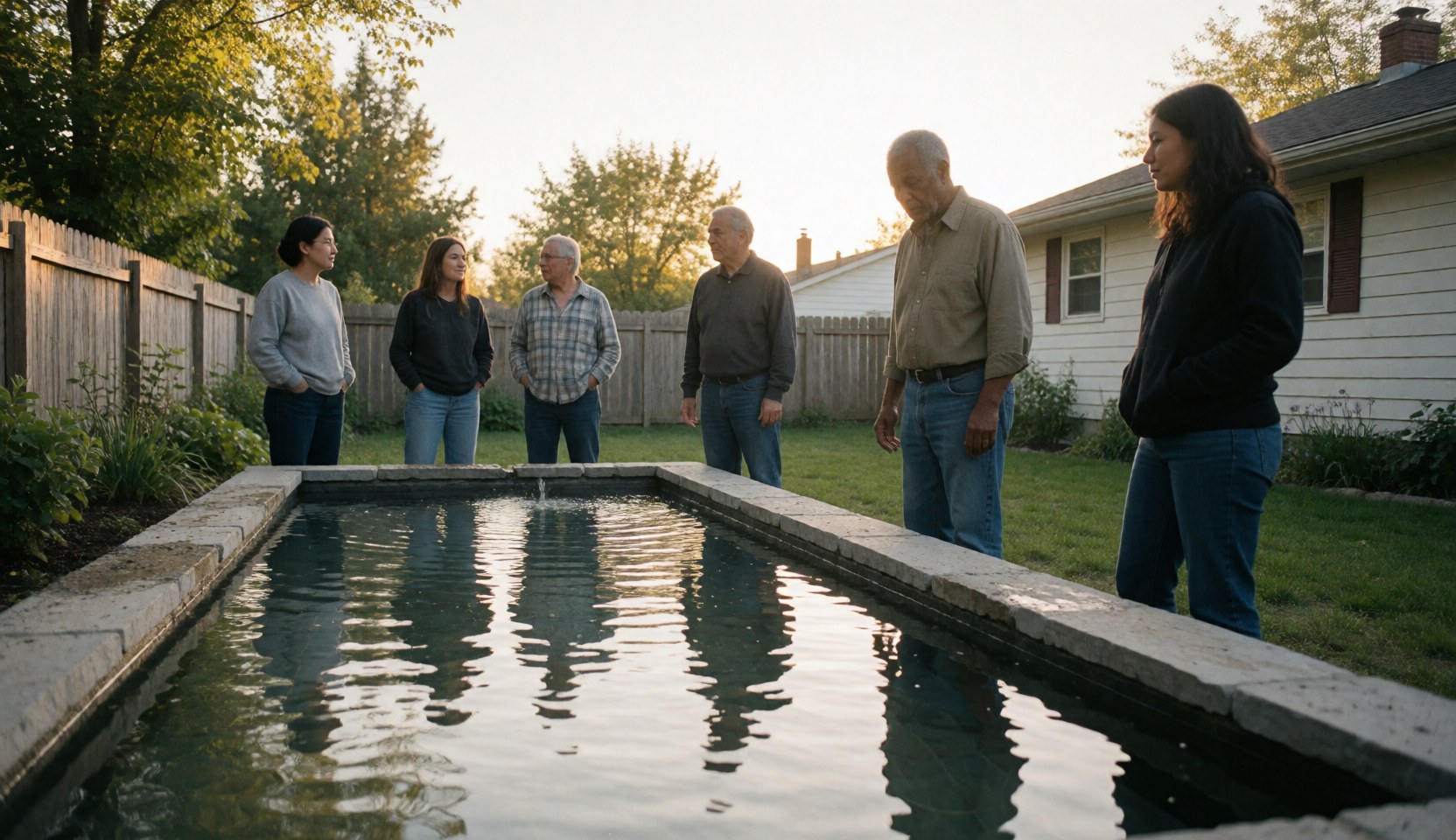 Un groupe de personnes observe une piscine rectangulaire dans un jardin résidentiel avec pelouse et clôture en bois.