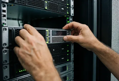 Gros plan d'une main effectuant une intervention sur un serveur au sein d'un data center avec des racks et des voyants lumineux verts.