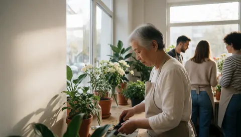 Une fleuriste coupe des fleurs blanches avec des ciseaux sur une table en bois dans un intérieur lumineux, tandis que d'autres collaborateurs se tiennent debout en arrière-plan.