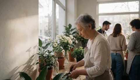 Une fleuriste coupe des fleurs blanches avec des ciseaux sur une table en bois dans un intérieur lumineux, tandis que d'autres collaborateurs se tiennent debout en arrière-plan.