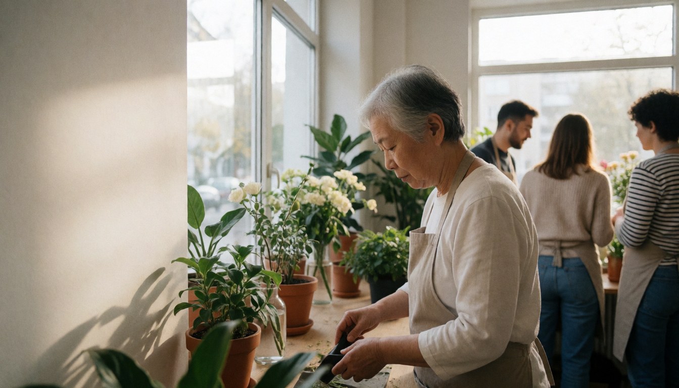 Une fleuriste coupe des fleurs blanches avec des ciseaux sur une table en bois dans un intérieur lumineux, tandis que d'autres collaborateurs se tiennent debout en arrière-plan.