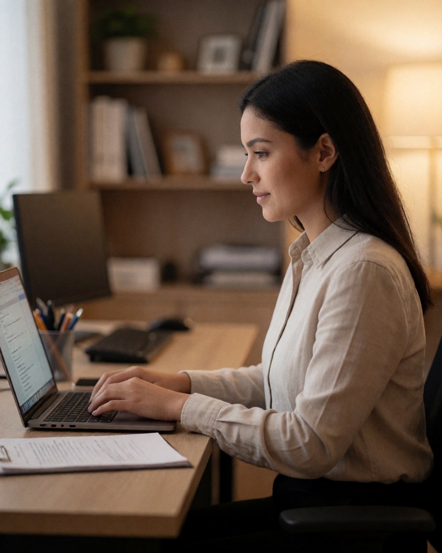 Une femme jeune au travail sur son ordinateur portable dans un bureau moderne avec une lumière chaude.
