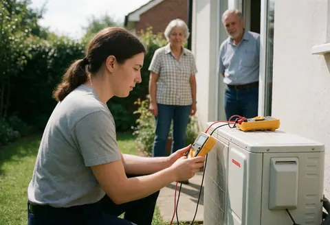Une technicienne utilise un multimètre pour inspecter l'unité extérieure de climatisation installée dans un jardin résidentiel.