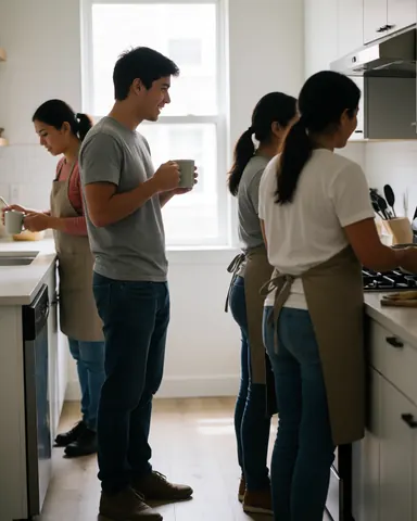 Quatre personnes en tabliers préparent des aliments dans une cuisine équipée d'appareils et d'ustensiles modernes.