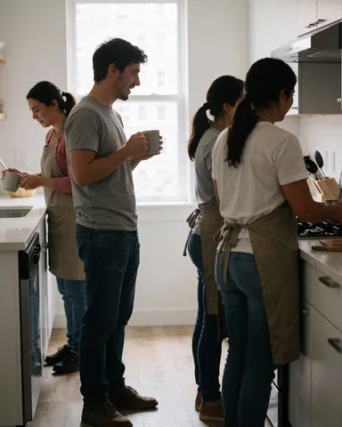 Quatre personnes en tabliers préparent des aliments dans une cuisine équipée d'appareils et d'ustensiles modernes.