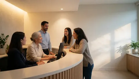 Une réception moderne avec cinq personnes, trois derrière le comptoir et deux debout, interagissant et souriant.