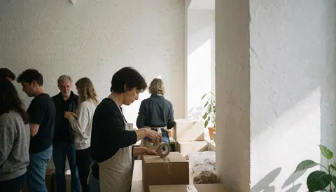 Équipe d'employés préparant des expéditions en scotchant des cartons pour le commerce électronique
