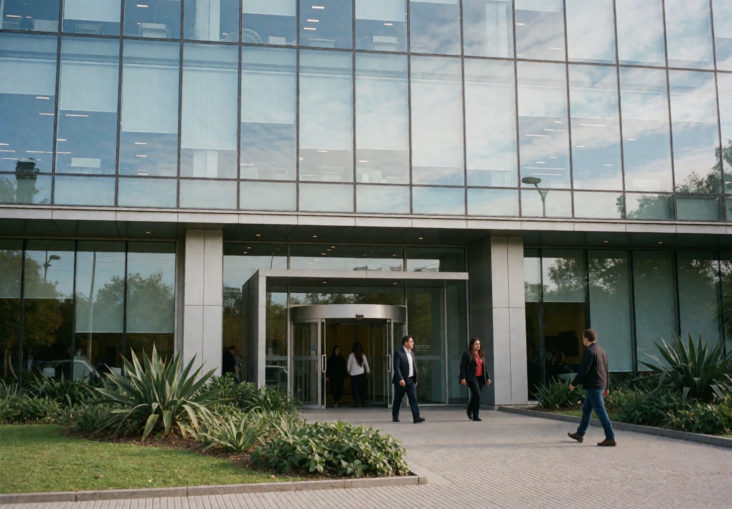 Des individus se déplacent à proximité de l'entrée moderne d'un immeuble de bureaux contemporain doté d'une façade en verre.