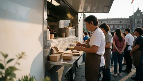 Un serveur prépare et sert des repas à l'intérieur d'un food truck pendant que des clients attendent en file d'attente à l'extérieur par temps clair.