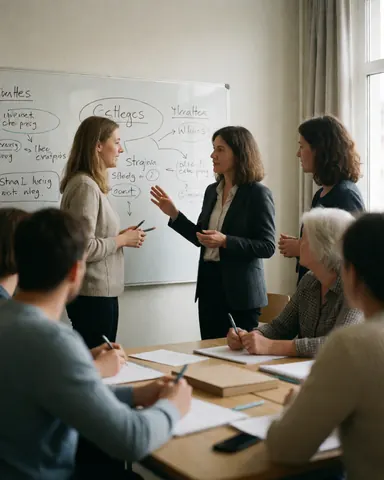 Une femme présente devant un tableau blanc tandis que d'autres participants prennent des notes à une table en bois.