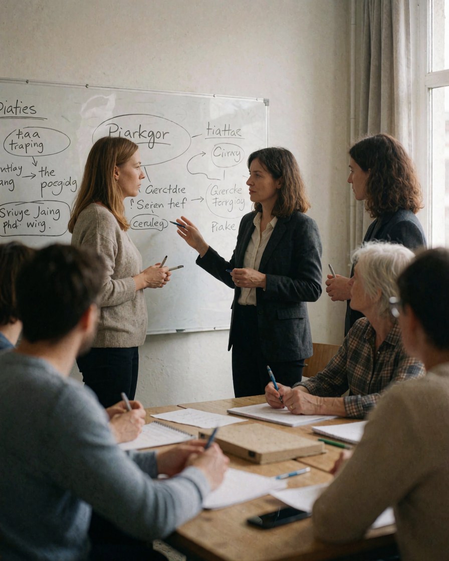 Une femme présente devant un tableau blanc tandis que d'autres participants prennent des notes à une table en bois.