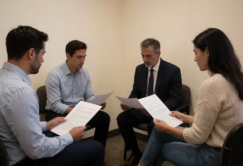 Quatre personnes assises en cercle lors d'une réunion de travail, en train de consulter des documents imprimés.