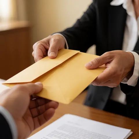 Une personne remet une enveloppe contenant des documents juridiques à une autre personne sur un bureau dans un environnement de bureau professionnel.