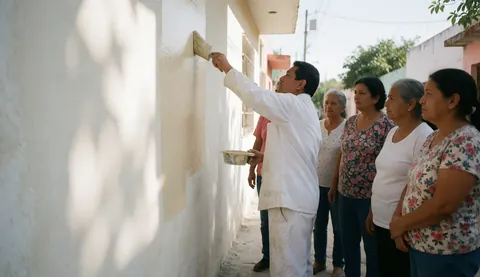 Un peintre applique de la peinture blanche sur une façade beige pendant que plusieurs personnes observent attentivement le travail de rénovation.