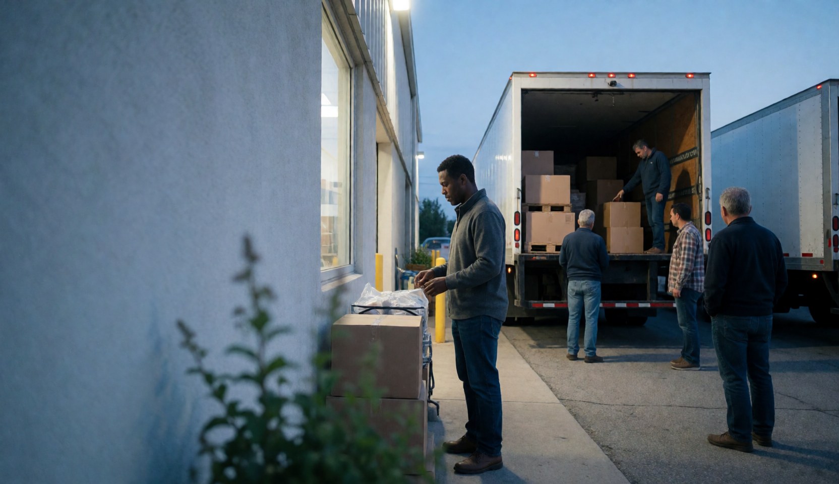 Équipe d'hommes travaillant ensemble pour charger des boîtes en carton à l'arrière d'un camion de livraison.