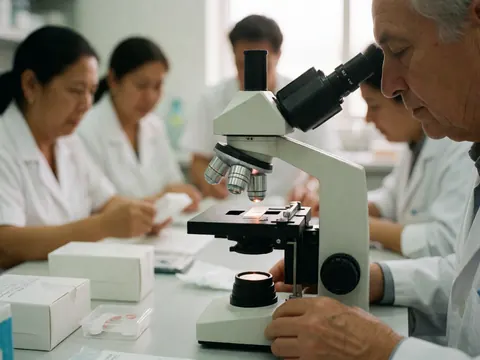 Des professionnels analysent des échantillons au microscope et consultent des documents dans un laboratoire clinique.