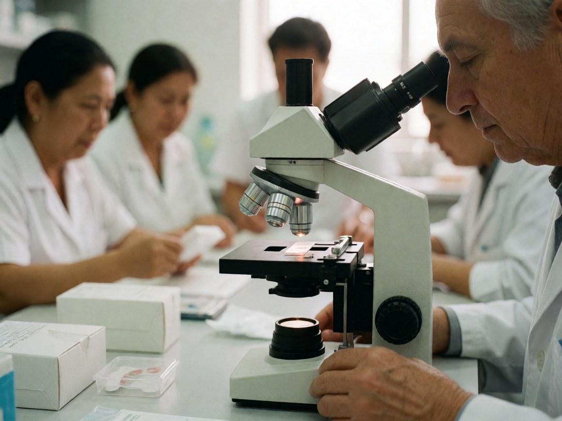 Des professionnels analysent des échantillons au microscope et consultent des documents dans un laboratoire clinique.