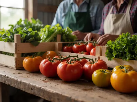 Deux personnes travaillent à une table avec des caisses de tomates et de laitues fraîches.