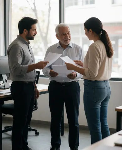 Trois professionnels de dos et de profil analysent ensemble des documents sur un bureau dans un bureau moderne avec de grandes fenêtres.