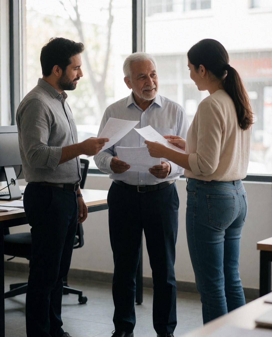 Trois professionnels de dos et de profil analysent ensemble des documents sur un bureau dans un bureau moderne avec de grandes fenêtres.