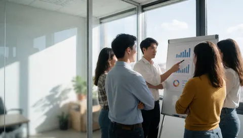 Des professionnels analysent ensemble des données sur une pizarra blanche dans un bureau lumineux.