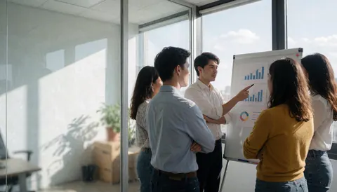 Des professionnels analysent ensemble des données sur une pizarra blanche dans un bureau lumineux.