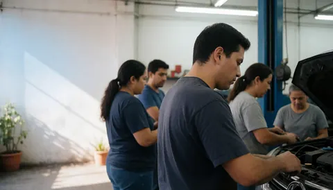 Équipe de mécaniciens collaborant ensemble dans un atelier de réparation automobile.