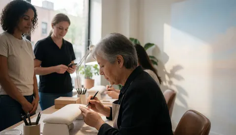 Une styliste applique des ongles sur un mannequin pendant que d'autres personnes observent dans un salon de beauté.