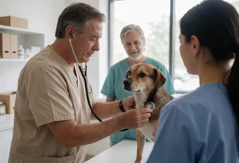 Un vétérinaire examine un chien à l'aide d'un stéthoscope pendant qu'une femme observe et qu'un autre professionnel se trouve en arrière-plan dans une clinique.