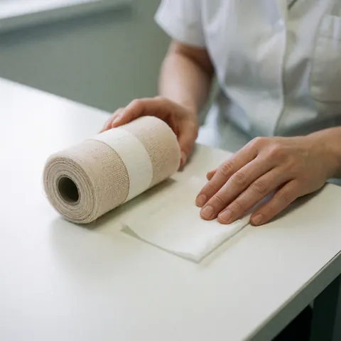 Des mains en uniforme blanc préparent un bandage et un tissu antiseptique sur une table blanche dans un environnement clinique.