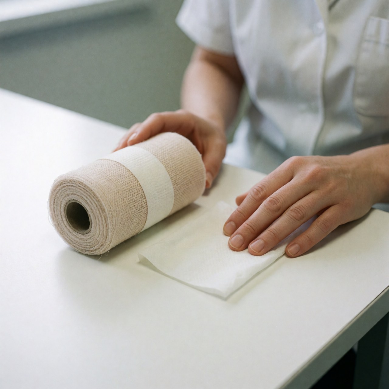 Des mains en uniforme blanc préparent un bandage et un tissu antiseptique sur une table blanche dans un environnement clinique.