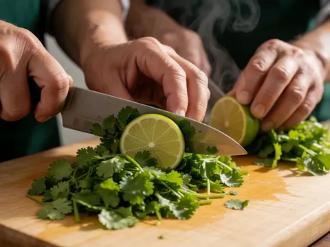 Mains hachant du cilantro frais et un citron vert sur une planche en bois dans une cuisine.