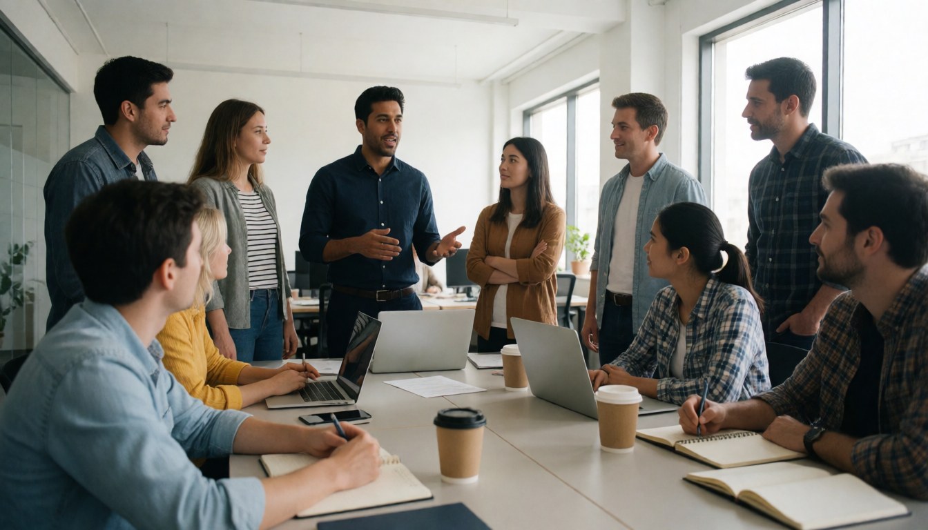 Groupe de collaborateurs en réunion professionnelle, certains assis et d'autres debout, utilisant des ordinateurs portables et des carnets autour d'une table.