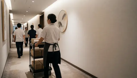Employés d'hôtel transportant des caisses sur un charillon dans un couloir bien éclairé, illustrant le service et le travail d'équipe.