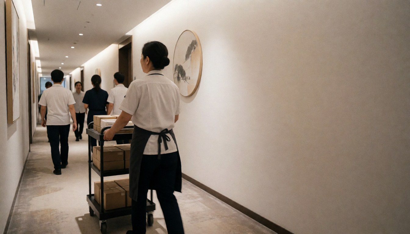Employés d'hôtel transportant des caisses sur un charillon dans un couloir bien éclairé, illustrant le service et le travail d'équipe.