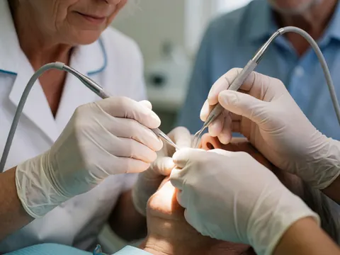 Gros plan sur les mains d'un dentiste portant des gants blancs manipulant des instruments professionnels au-dessus de la bouche ouverte d'un patient en cabinet.