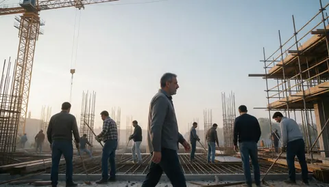 Groupe de travailleurs tenant des pelles et outils devant un chantier avec échafaudages et grue.
