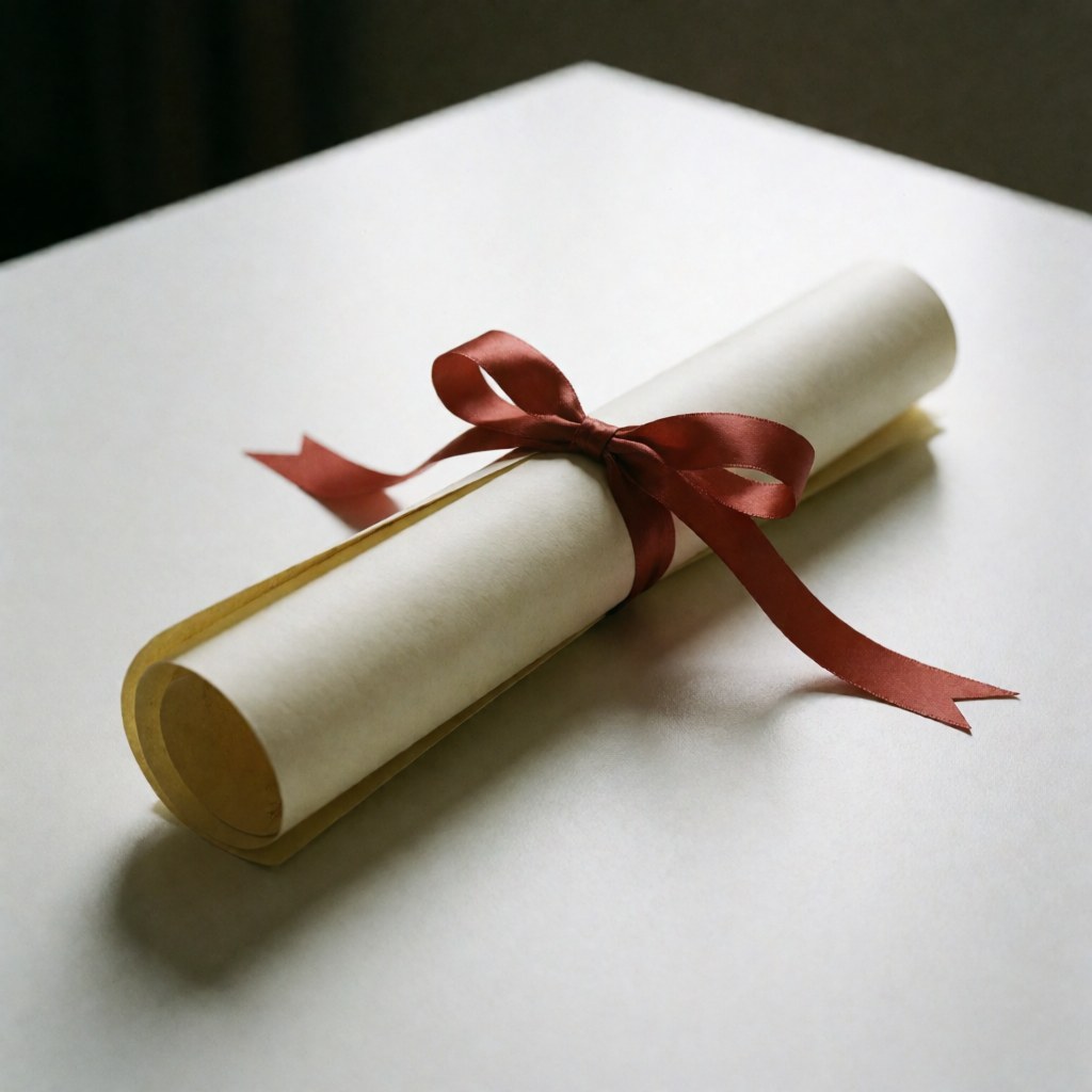 Un diplôme enroulé attaché par un ruban rouge posé sur une surface blanche, symbolisant la réussite académique ou professionnelle.